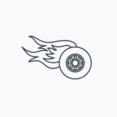 Wheel on fire icon. Race or Speed sign.