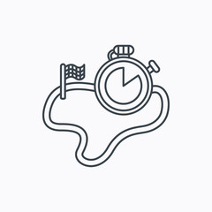 Race road icon. Finishing flag with timer sign.