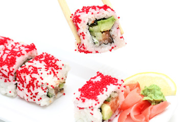 Sushi roll Alyaska  on white plate