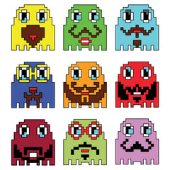 Obraz na płótnie Canvas Pixelated Hipster emoticons inspired by 90's vintage video computer games showing vary emotions with stroke 