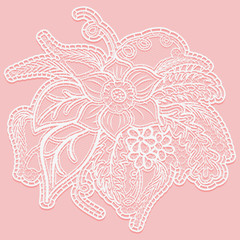 Lace single large flower with leaves. White openwork bouquet isolated on pink background.