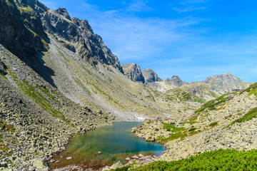 View of alpine lake in summer landscape of Starolesna valley, High Tatra Mountains, Slovakia
