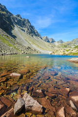 Stones in crystal clear water of alpine lake in summer landscape of Starolesna valley, High Tatra Mountains, Slovakia