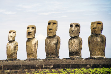 Five of the 15 statues (moai) on the islands largest platform at Ahu Tongariki.Easter Isalnd, Chile.