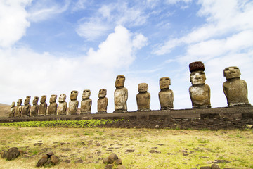 15 moai (statues) on a platform at Ahu Tongariki, the largest platform.Easter Island,Chile
