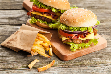 Delicious hamburger and fries