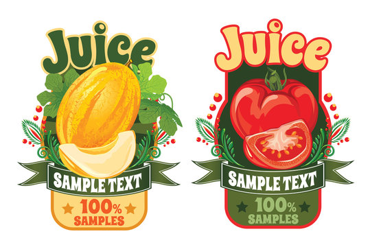 set of templates for labels of juice from the fruit of ripe sweet yellow melon and fresh red tomato