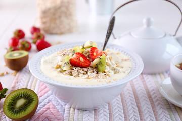 Healthy breakfast with homemade oatmeal, close up