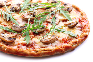 Tasty pizza with vegetables and arugula close up