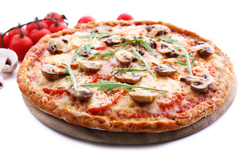 Tasty pizza with vegetables and arugula isolated on white