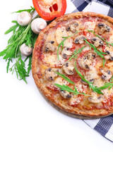 Tasty pizza with vegetables and napkin isolated on white