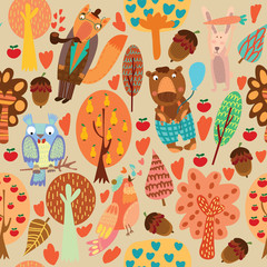 Outdoor concept seamless pattern.Cartoon trees and animals in ve