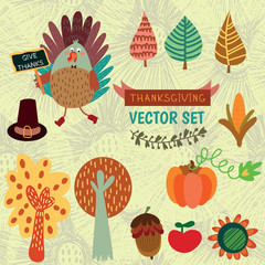 Cute vector set of colorful cartoon icons Thanksgiving day.