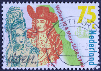 NETHERLANDS - CIRCA 1988: a stamp printed in the Netherlands shows Coronation of William III and Mary Stuart, King and Queen of England, 300th anniversary, circa 1988 