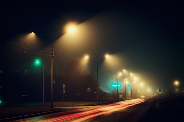 Fog on night street. Cityscape