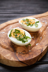 Boiled eggs on a cutting board