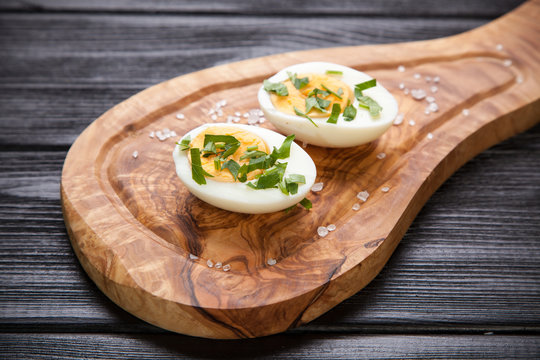 Boiled eggs on a cutting board