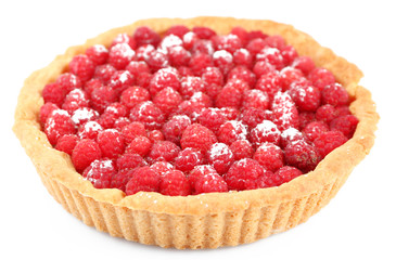 Tart with fresh raspberries, isolated on white