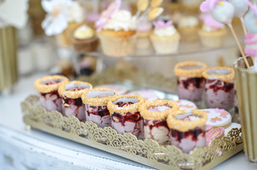 Wedding decoration with pastel colored cupcakes, meringues, muffins
