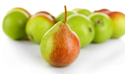 Heap of ripe tasty pears close up
