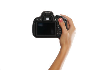Female hand with digital camera isolated on white