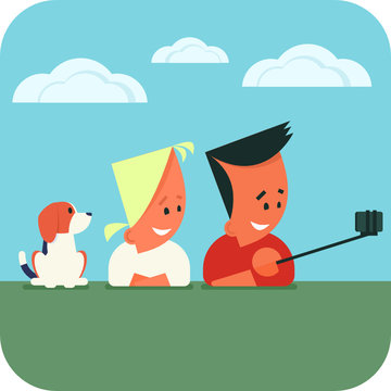 Young couple with dog lying on the grass and taking selfie using smartphone and selfie stick. Vector illustration.