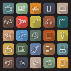 Entertainment line flat icons with long shadow