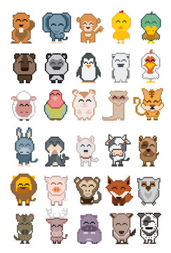 Set of cartoon animal pixel ; Vector illustration