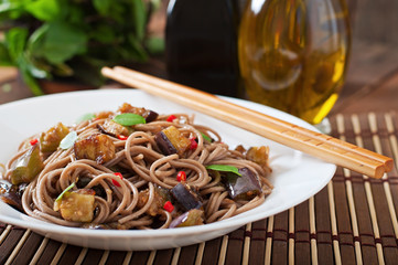 Soba noodles with eggplant in sweet and sour sauce