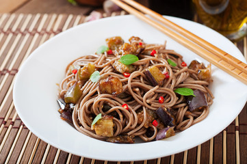 Soba noodles with eggplant in sweet and sour sauce