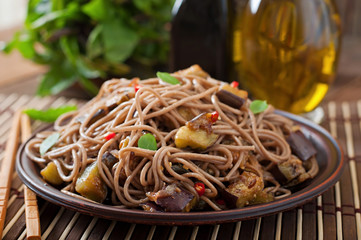 Soba noodles with eggplant in sweet and sour sauce