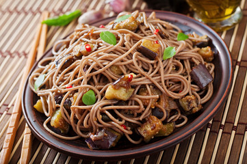 Soba noodles with eggplant in sweet and sour sauce