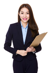 Young businesswoman hold with clipboard