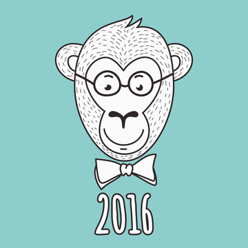 Vector hand drawn portrait of geek monkey. 2016 Happy New Year g