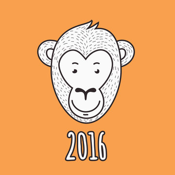Vector hand drawn smiling monkey face. 2016 Happy New Year greet