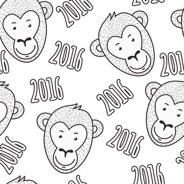Vector seamless hand drawn pattern. Smiling monkey face and text