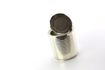 Open an empty tin can on white background