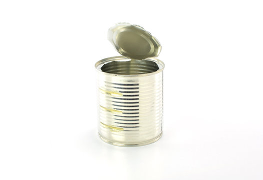 Open an empty tin can on white background