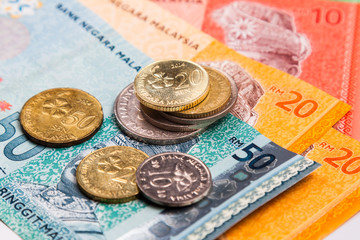 Closeup of Malaysia Ringgit currency notes and coins