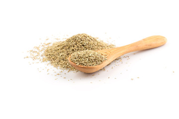 Dried rosemary leaves in wooden spoon