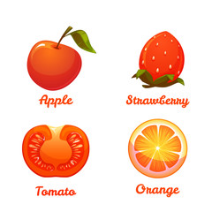 Set of food apple, strawberry, orange and tomato. Vector
