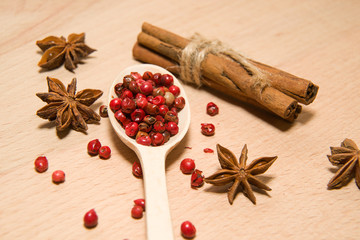 Spoon with a mixture of grains of pepper, cinnamon and star anis