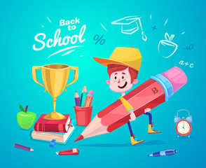 Back to school. Cute schoolchild near supplies with cup. Vector
