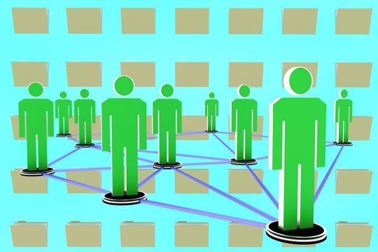 Virtual network with human figures and office folders