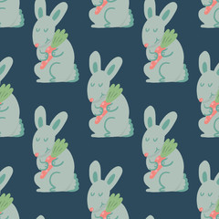 Forest friends collection. Cute rabbit holding carrot. Cute childish seamless pattern in cartoon style. Seamless pattern can be used for wallpapers, pattern fills, surface textures.