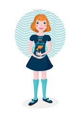 Girl with red hair holding a plactic bag with a goldfish.