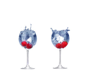 collage Strawberry splash in a cocktail glass on white