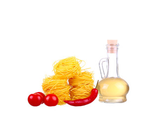 Ingredients for pasta. Spaghetti,cherie,chili, oil, garlic isolated on white