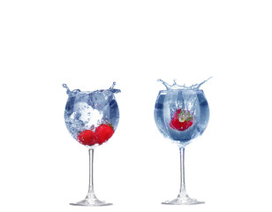 collage Strawberry splash in a cocktail glass on white