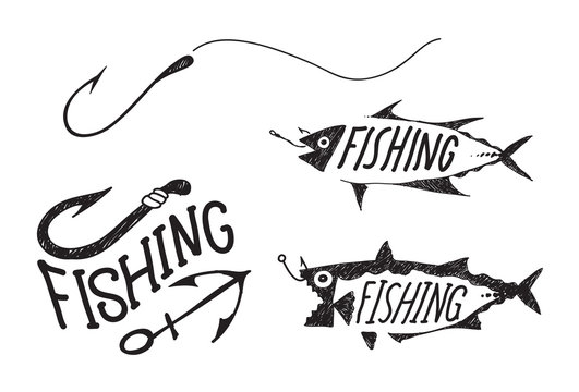 fishing symbol, illustration fishing sketch design hook fish and fishing character